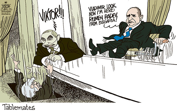 Oliver Schopf, editorial cartoons from Austria, cartoonist from Austria, Austrian illustrations, illustrator from Austria, editorial cartoon politics politician Europe, Cartoon Movement, @oliverschopf.bsky.social 2026: BULGARIA ELECTIONS WINNER ABSOLUTE MAJORITY RUMEN RADEV PUTIN LONG TABLE ORBAN LOSER TABLEMATES 























