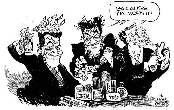 Oliver Schopf, editorial cartoons from Austria, cartoonist from Austria, Austrian illustrations, illustrator from Austria, editorial cartoon politics politician Europe 2010: france sarkozy l’oréal gift beauty care styling spray creme

