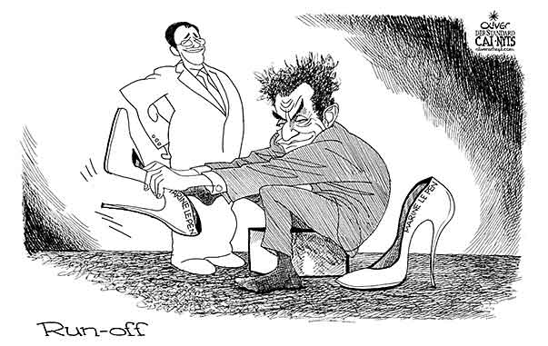 Oliver Schopf, editorial cartoons from Austria, cartoonist from Austria, Austrian illustrations, illustrator from Austria, editorial cartoon politics politician Europe 2012 
FRANCE ELECTION SARKOZY HOLLANDE MARINE LE PEN RUN OFF SHOE HIGH HEEL



