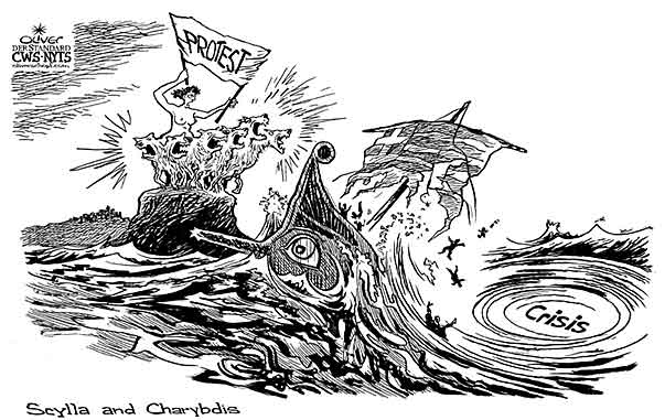 Oliver Schopf, editorial cartoons from Austria, cartoonist from Austria, Austrian illustrations, illustrator from Austria, editorial cartoon politics politician Europe 2010: greece crisis protest scylla charybdis odyssey ship galley sea 
