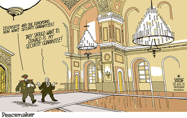Oliver Schopf, editorial cartoons from Austria, cartoonist from Austria, Austrian illustrations, illustrator from Austria, editorial cartoon politics politician Europe, Cartoon Movement, @oliverschopf.bsky.social 2025: UKRAINE PEACE SUMMIT ANCHORAGE PUTIN TRUMP SECURITY GUARANTEES ZELENSKYY EU KREMLIN PALACE ROOM 























