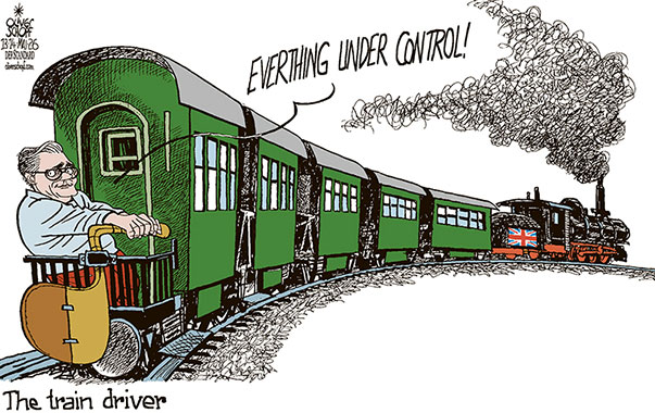 Oliver Schopf, editorial cartoons from Austria, cartoonist from Austria, Austrian illustrations, illustrator from Austria, editorial cartoon politics politician Europe, Cartoon Movement, @oliverschopf.bsky.social 2026: GREAT BRITAIN KEIR STARMER PRIME MINISTER LABOUR PARTY TRAIN DRIVER AT THE HELM LEADERSHIP ELECTIONS LOSSES 






















