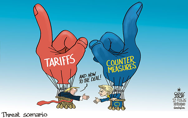 Oliver Schopf, editorial cartoons from Austria, cartoonist from Austria, Austrian illustrations, illustrator from Austria, editorial cartoon politics politician Europe, Cartoon Movement, @oliverschopf.bsky.social 2025: EU EUROPEAN UNION USA TRUMP TARIFFS STEEL ALUMINUM URSULA VON DER LEYEN UVDL THREAT SCENARIO POINTER HOT AIR BALLOON DEAL DEAL-MAKER 












