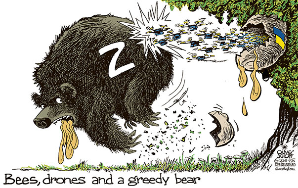 Oliver Schopf, editorial cartoons from Austria, cartoonist from Austria, Austrian illustrations, illustrator from Austria, editorial cartoon politics politician Europe, Cartoon Movement, @oliverschopf.bsky.social 2025:
UKRAINE WAR RUSSIA DRONES ATTACK BEES BEEHIVE BEEYARD BEAR HONEY GREEDY






















