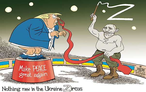 Oliver Schopf, editorial cartoons from Austria, cartoonist from Austria, Austrian illustrations, illustrator from Austria, editorial cartoon politics politician Europe, Cartoon Movement, @oliverschopf.bsky.social 2025:  
UKRAINE PEACE TRUMP PUTIN TAMER WHIP CIRCUS ARENA NOSE RING TIE PANTS DROP TROUSERS WAR Z SPECIAL OPERATION




















