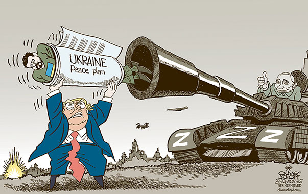Oliver Schopf, editorial cartoons from Austria, cartoonist from Austria, Austrian illustrations, illustrator from Austria, editorial cartoon politics politician Europe, Cartoon Movement, @oliverschopf.bsky.social 2025: UKRAINE WAR PEACE PLAN 28 ISSUES TRUMP PUTIN  ZELENSKYY CANNON FODDER PAPER WRAP FOLD TANK























