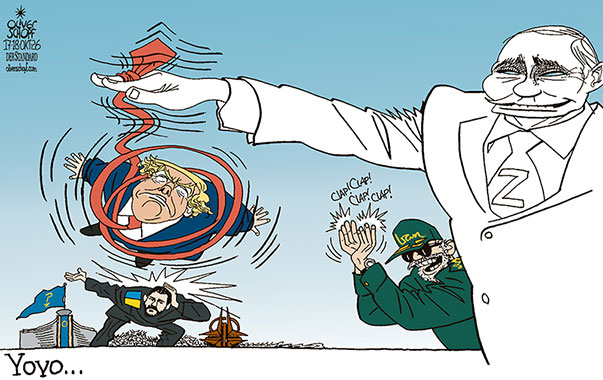 Oliver Schopf, editorial cartoons from Austria, cartoonist from Austria, Austrian illustrations, illustrator from Austria, editorial cartoon politics politician Europe, Cartoon Movement, @oliverschopf.bsky.social 2026: UKRAINE WAR PUTIN TRUMP ZELENSKYY YOYO IRAN WAR REVOLUTIONARY GUARDS DEPENDENCY OBEDIENCE LEADING STRINGS EU COMMISSION HELPLESSNESS 
























