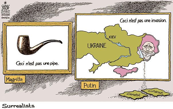 Oliver Schopf, editorial cartoons from Austria, cartoonist from Austria, Austrian illustrations, illustrator from Austria, editorial cartoon politics politician Europe, Cartoon Arts International, 2022: UKRAINE CONFLICT MAP DONBAS DONETSK LUHANSK INVASION INDEPENDENCE PUTIN SAW SEWING SURREALISM RENE MAGRITTE  PAINTING CECI N’EST PAS UNE PIPE




