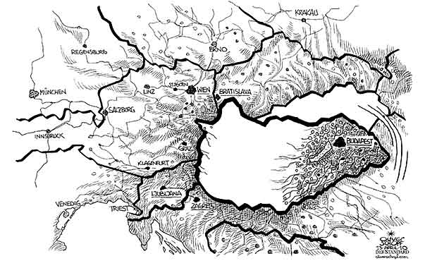 Oliver Schopf, editorial cartoons from Austria, cartoonist from Austria, Austrian illustrations, illustrator from Austria, editorial cartoon politics politician Europe 2010: hungary elections map shift to the right
