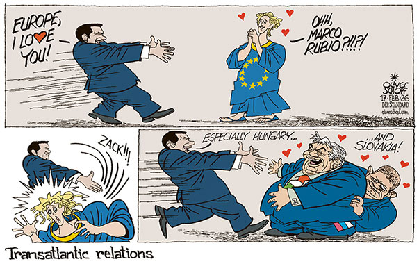 Oliver Schopf, editorial cartoons from Austria, cartoonist from Austria, Austrian illustrations, illustrator from Austria, editorial cartoon politics politician Europe, Cartoon Movement, @oliverschopf.bsky.social 2026: USA SECRETARY OF STATE MARCO RUBIO EU EUROPE MSC MUNICH SECURITY CONFERENCE ORBÁN FICO HUNGARY SLOVAKIA LOVE HEART TRANSATLANTIC RELATIONS























