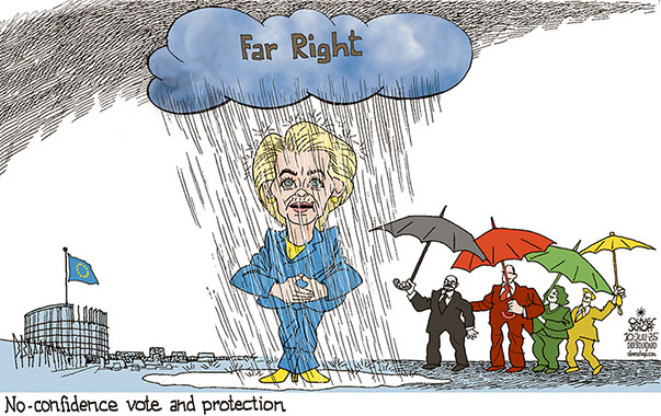Oliver Schopf, editorial cartoons from Austria, cartoonist from Austria, Austrian illustrations, illustrator from Austria, editorial cartoon politics politician Europe, Cartoon Movement, @oliverschopf.bsky.social 2025: EU EUROPEAN UNION COMMISSION URSULA VON DER LEYEN UVDL NO CONFIDENCE VOTE COVID PANDEMIA FAR RIGHT PARTIES UMBRELLA PROTECTION RAIN RAINING  























