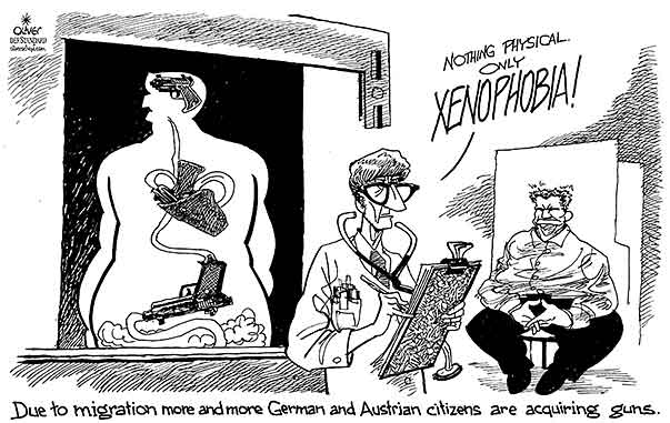  
Oliver Schopf, editorial cartoons from Austria, cartoonist from Austria, Austrian illustrations, illustrator from Austria, editorial cartoon
Europe 2016 REFUGEES GUNS XENOPHOBIA GERMANY AUSTRIA DOCTOR X-RAYS BRAIN HEART STOMACH DIAGNOSIS TEST 

 
