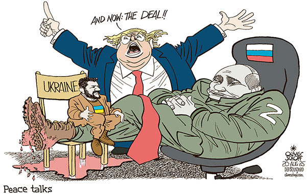 Oliver Schopf, editorial cartoons from Austria, cartoonist from Austria, Austrian illustrations, illustrator from Austria, editorial cartoon politics politician Europe, Cartoon Movement, @oliverschopf.bsky.social 2025: UKRAINE PEACE ZELENSKYY PUTIN TRUMP MEETING SUMMIT NEGOTIATIONS TALKS DONBAS LUHANSK WAR BLOOD DEAL MAKER CHAIR BOOTS























