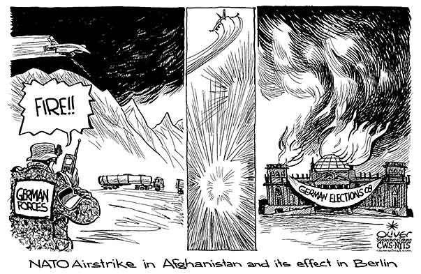 Oliver Schopf, editorial cartoons from Austria, cartoonist from Austria, Austrian illustrations, illustrator from Austria, editorial cartoon Germany 2009: NATO airstrike in afghanistan and its effect in berlin.   germany, forces, nato, airstrike, berlin, reichstag, elections NATO airstrike in Afghanistan and its effect for the German election 2009 disturbing bundestag