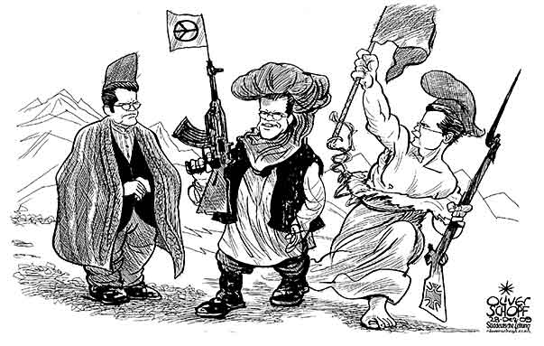 Oliver Schopf, editorial cartoons from Austria, cartoonist from Austria, Austrian illustrations, illustrator from Austria, editorial cartoon Germany 2009: karl-theodor zu guttenberg, minister of defense, afghanistan, taliban, human rights, karzai 