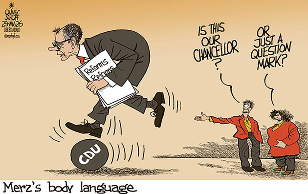 Oliver Schopf, editorial cartoons from Austria, cartoonist from Austria, Austrian illustrations, illustrator from Austria, editorial cartoon politics politician Germany, Cartoon Movement, @oliverschopf.bsky.social 2026: CHANCELLOR FRIEDRICH MERZ POSTURE BODY LANGUAGE BENT OVER REFORMS QUESTION MARK CDU ENEMIES CITIZEN


