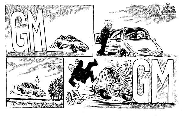 Oliver Schopf, editorial cartoons from Austria, cartoonist from Austria, Austrian illustrations, illustrator from Austria, editorial cartoon Germany 2009: opel, gm, magna, merkel, car, crash