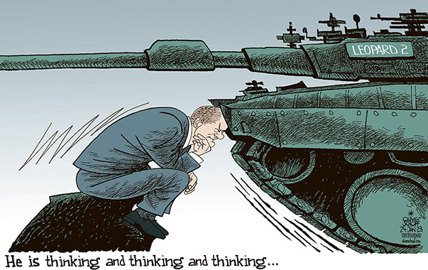 Oliver Schopf, editorial cartoons from Austria, cartoonist from Austria, Austrian illustrations, illustrator from Austria, editorial cartoon politics politician Germany, Cartoon Arts International, 2023: OLAF SCHOLZ LEOPARD 2 TANK DELIVERY SUPPLY UKRAINE WAR THINKER RODIN HESITATE DITHER DECISION    


