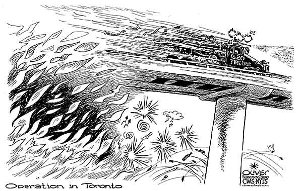 Oliver Schopf, editorial cartoons from Austria, cartoonist from Austria, Austrian illustrations, illustrator from Austria, editorial cartoon politics politician International 2010: G20 toronto summit fire fire department bridge floor





