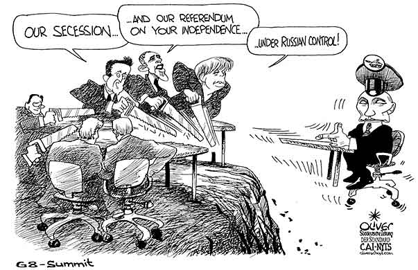 Oliver Schopf, editorial cartoons from Austria, cartoonist from Austria, Austrian illustrations, illustrator from Austria, editorial cartoon politics politician International, Cartoon Arts International, New York Times Syndicate, Cagle cartoon 2014: G8 SUMMIT TABLE MERKEL OBAMA CAMERON PUTIN RUSSIA SAW SAWING SECESSION  

      
