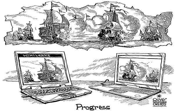 Oliver Schopf, editorial cartoons from Austria, cartoonist from Austria, Austrian illustrations, illustrator from Austria, editorial cartoon politics politician International 2010: wikileaks internet war battle ship naval battle progress




