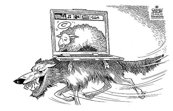 Oliver Schopf, editorial cartoons from Austria, cartoonist from Austria, Austrian illustrations, illustrator from Austria, editorial cartoon politics politician International 2012 ACTA INTERNET COPYRIGHT WOLF SHEEPSKIN NOTEBOOK  





