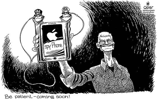 Oliver Schopf, editorial cartoons from Austria, cartoonist from Austria, Austrian illustrations, illustrator from Austria, editorial cartoon politics politician International, Cartoon Arts International, New York Times Syndicate, 2016: APPLE IPHONE TIM COOK PRESENTATION CUPERTINO NSA FBI SPY LOCKING SECRET SERVICE INTELLIGENCE SERVICE
