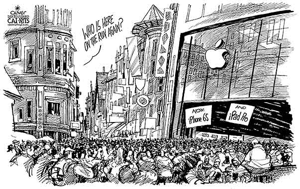 Oliver Schopf, editorial cartoons from Austria, cartoonist from Austria, Austrian illustrations, illustrator from Austria, editorial cartoon politics politician International, Cartoon Arts International, New York Times Syndicate, Cagle cartoon 2015 APPLE IPHONE 6S IPAD PRO ON RUN AGAIN SHOPPING CONSUMERISM TECHNOLOGY REFUGEES STORE MALL  
