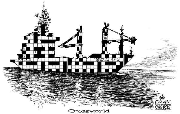 Oliver Schopf, editorial cartoons from Austria, cartoonist from Austria, Austrian illustrations, illustrator from Austria, editorial cartoon world 2009: russia crossword paper ship arctic sea, cargo ship, freighter, riddle, cross word