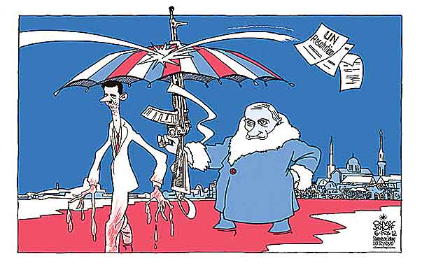 Oliver Schopf, editorial cartoons from Austria, cartoonist from Austria, Austrian illustrations, illustrator from Austria, editorial cartoon politics politician International 2012 ASSAD SYRIA PUTIN RUSSIA UNO RESOLUTION UMBRELLA VIOLENCE BLOOD   





