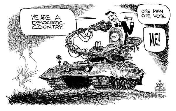 Oliver Schopf, editorial cartoons from Austria, cartoonist from Austria, Austrian illustrations, illustrator from Austria, editorial cartoon politics politician International 2012 SYRIA ASSAD TANK SPEECH REFORM DEMOCRACY VOTE SHOOT   




