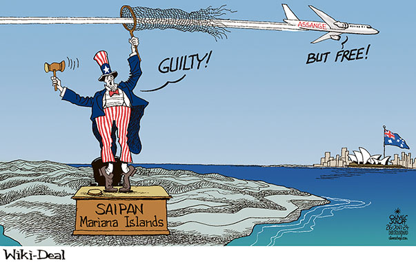 Oliver Schopf, editorial cartoons from Austria, cartoonist from Austria, Austrian illustrations, illustrator from Austria, editorial cartoon politics politician International, Cartoon Movement, CartoonArts International 2024: JULIAN ASSANGE WIKILEAKS FOUNDER FREEDOM FREE AUSTRALIA PLANE MARIANA ISLANDS SAIPAN USA UNCLE SAM JUDGEMENT SENTENCE GUILTY NET CATCH

















