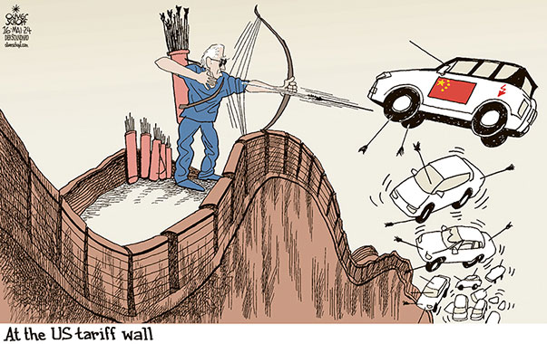 Oliver Schopf, editorial cartoons from Austria, cartoonist from Austria, Austrian illustrations, illustrator from Austria, editorial cartoon politics politician International, Cartoon Movement, CartoonArts International 2024: USA CHINA TRADE WAR JOE BIDEN TARIFFS E-CARS CHINESE WALL GREAT WALL ARCHERY ARCHER















