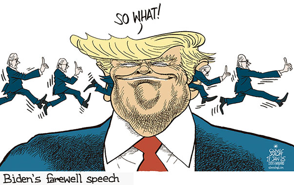 Oliver Schopf, editorial cartoons from Austria, cartoonist from Austria, Austrian illustrations, illustrator from Austria, editorial cartoon politics politician International, Cartoon Movement, 2025: USA PRESIDENT JOE BIDEN FAREWELL ADDRESS SPEECH WARNING POINTER FINGER OLIGARCH TRUMP IN ONE EAR OUT THE OTHER LISTEN

























