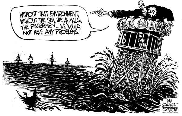 Oliver Schopf, editorial cartoons from Austria, cartoonist from Austria, Austrian illustrations, illustrator from Austria, editorial cartoon climate and environment 2010 oil spill leak   drilling platform environment pollution
