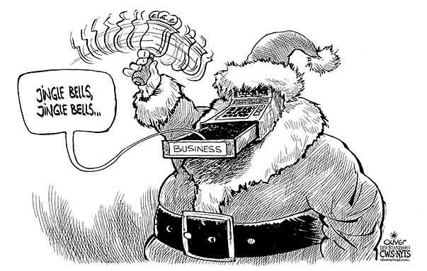 Oliver Schopf, editorial cartoons from Austria, cartoonist from Austria, Austrian illustrations, illustrator from Austria, editorial cartoon world 2009: christmas, santa claus, bells, jingle bells, cash