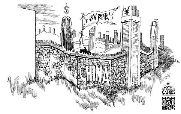 Oliver Schopf, editorial cartoons from Austria, cartoonist from Austria, Austrian illustrations, illustrator from Austria, editorial cartoon politics politician International, Cartoon Arts International, New York Times Syndicate, Cagle cartoon 2013 CHINA HUMAN RIGHTS GREAT WALL ECONOMY FINANCE BANK TOWER MONEY DOLLAR YUAN  

