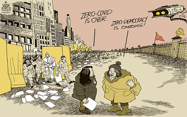 Oliver Schopf, editorial cartoons from Austria, cartoonist from Austria, Austrian illustrations, illustrator from Austria, editorial cartoon politics politician International, Cartoon Arts International, 2022: CHINA ZERO COVID STRATEGY LOCKDOWN OPENING COMMUNIST PARTY WALL CONFINE LOCK UP  


