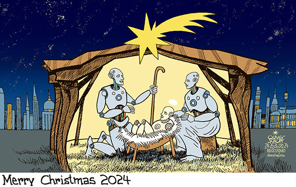 Oliver Schopf, editorial cartoons from Austria, cartoonist from Austria, Austrian illustrations, illustrator from Austria, editorial cartoon politics politician International, Cartoon Movement, 2024: CHRISTMAS CRIB HOLY FAMILY JOSEPH MARIA JESUS ARTIFICIAL INTELLIGENCE AI ROBOT SILENCE NIGHT

























