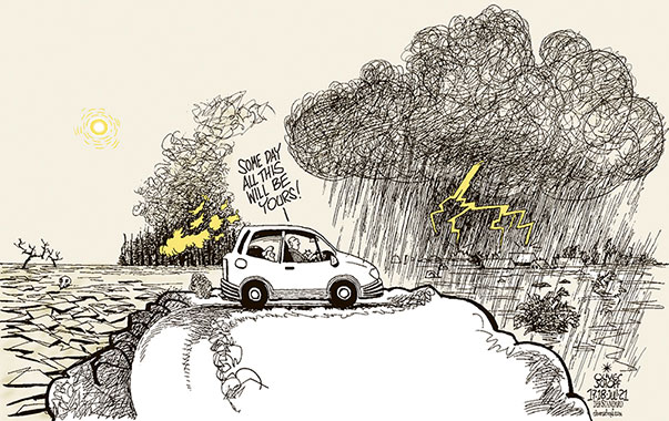 Oliver Schopf, editorial cartoons from Austria, cartoonist from Austria, Austrian illustrations, illustrator from Austria, editorial cartoon politics politician International, Cartoon Arts International, 2021: CLIMATE CHANGE GLOBAL WARMING HEAT DROUGHT RAIN TEMPEST THUNDERSTORM FLOOD FIRE FOREST CAR WASTE GAS CARBON DIOXIDE FATHER SON CHILD KID LEGACY  
