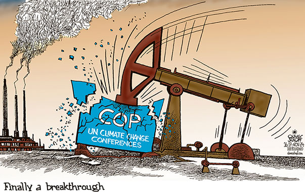 Oliver Schopf, editorial cartoons from Austria, cartoonist from Austria, Austrian illustrations, illustrator from Austria, editorial cartoon politics politician International, Cartoon Movement, 2024: COP 29 UN CLIMATE CHANGE CONFERENCE OIL GAS COAL FOSSILE ENERGY CO2 REFORM BREAKTHROUGH PETROLEUM PUMP HAMMER

























