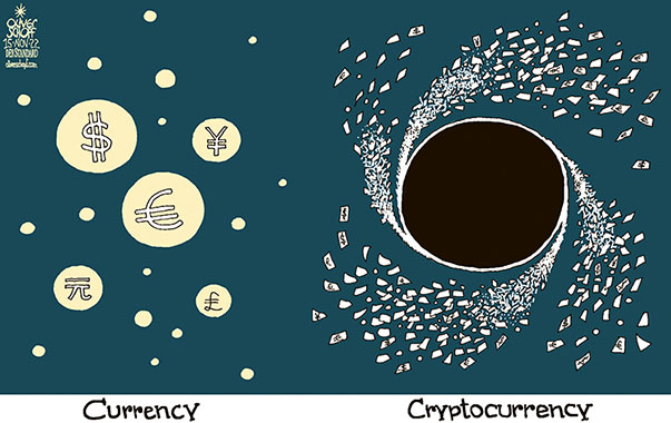 Oliver Schopf, editorial cartoons from Austria, cartoonist from Austria, Austrian illustrations, illustrator from Austria, editorial cartoon politics politician International, Cartoon Arts International, 2022: CURRENCY CRYPTOCURRENCY MONEY DOLLAR EURO POUND YEN RENMINBI SPACE ASTROPHYSICS STARS BLACK HOLE  




