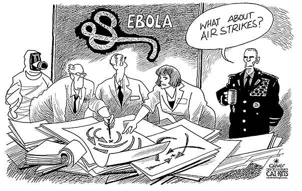 Oliver Schopf, editorial cartoons from Austria, cartoonist from Austria, Austrian illustrations, illustrator from Austria, editorial cartoon Oliver Schopf; Editorial Cartoons; cartoonist; EBOLA VIRUS HEALTH PLAN STRATEGY ARMY MILITARY GENERAL AIRSTRIKES BOMBING   


