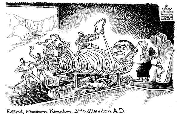 Oliver Schopf, editorial cartoons from Austria, cartoonist from Austria, Austrian illustrations, illustrator from Austria, editorial cartoon economy finances business markets 2011 Egypt Mubarak revolution mummy tomb sarcophagus
  width=