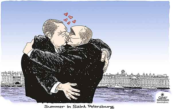 Oliver Schopf, editorial cartoons from Austria, cartoonist from Austria, Austrian illustrations, illustrator from Austria, editorial cartoon politics politician International, Cartoon Arts International, New York Times Syndicate, 2016: PUTIN ERDOGAN RUSSIA TURKEY SAINT PETERSBURG MEET FRIENDS KISS KISSING EMBRACING      
