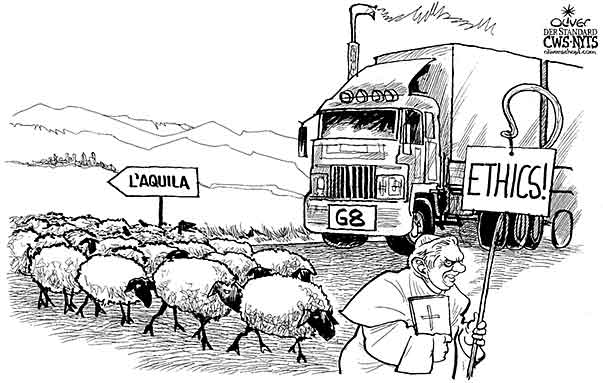 Oliver Schopf, editorial cartoons from Austria, cartoonist from Austria, Austrian illustrations, illustrator from Austria, editorial cartoon world 2009: g8 pope benedict raziner leading his sheeps holding a transparent ethics written on it lkw g8 had to wait
