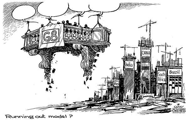 Oliver Schopf, editorial cartoons from Austria, cartoonist from Austria, Austrian illustrations, illustrator from Austria, editorial cartoon world 2009: running out model - g-8 china, india, brazil, south africa, balcony, g8 balcony flighing balloons, growing up
