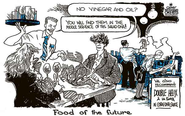 Oliver Schopf, editorial cartoons from Austria, cartoonist from Austria, Austrian illustrations, illustrator from Austria, editorial cartoon politics politician International 2010: genetics genetic engineering double helix food restaurant eat



