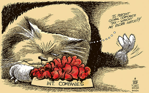 Oliver Schopf, editorial cartoons from Austria, cartoonist from Austria, Austrian illustrations, illustrator from Austria, editorial cartoon politics politician International, Politico, Cartoon Arts International, 2021: G-7 GLOBAL CORPORATE TAX THRESHOLD 15 PERCENT COMPANIES CORPORATE CONGLOMERATE ESCAPE HATCH CAT FEED FOOD TAX HAVEN PAY  

