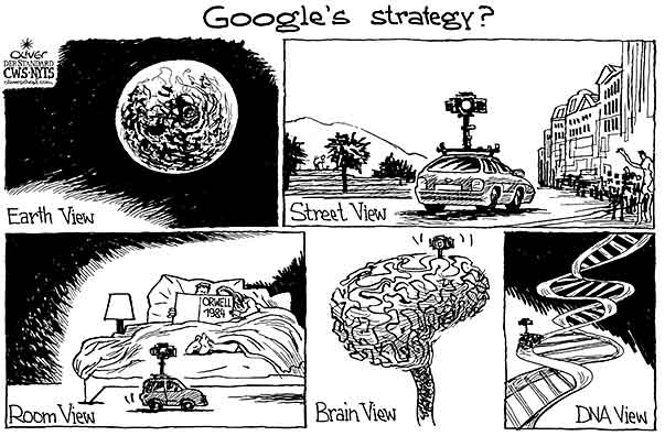 Oliver Schopf, editorial cartoons from Austria, cartoonist from Austria, Austrian illustrations, illustrator from Austria, editorial cartoon politics politician International 2010: google street view spy brain dna 


